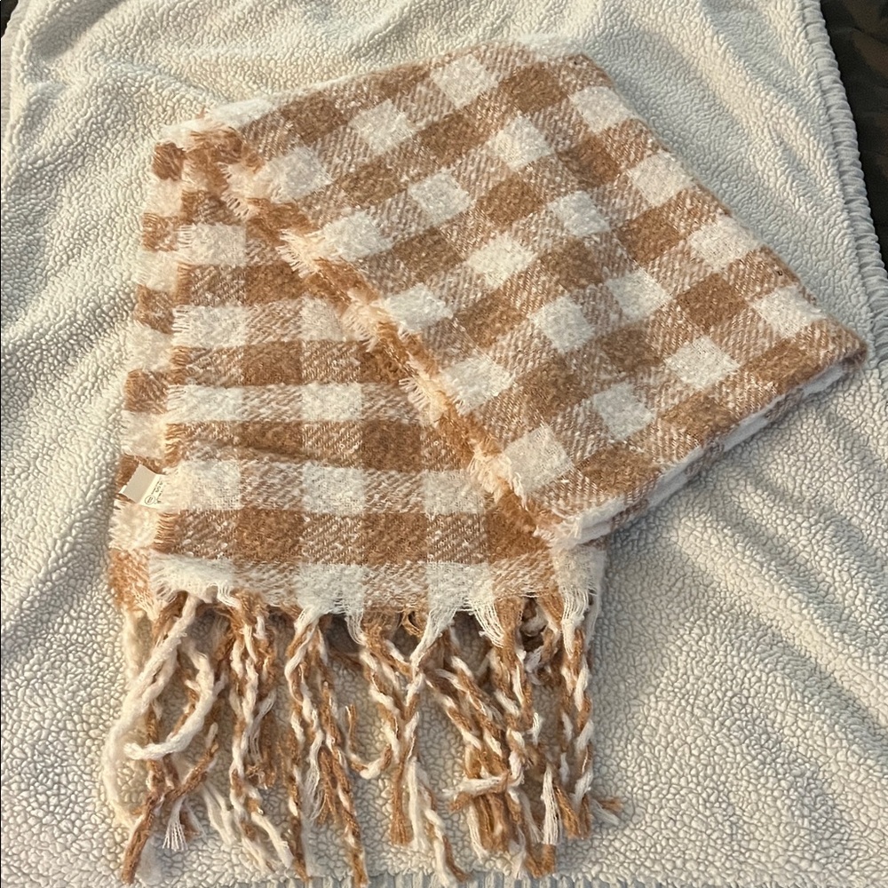 Brown and off White Checkered Fringe oversized Scarf